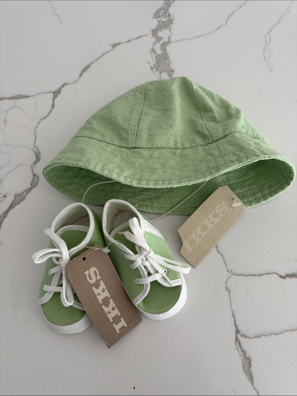 Ikks Light Green Canvas Baby Sneakers with Matching Bucket Hat